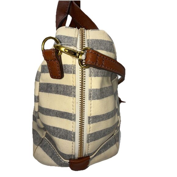 FOSSIL Coated Canvas Striped Fiona satchel Crossbody Shoulder Bag Blue/Off White - Picture 3 of 16